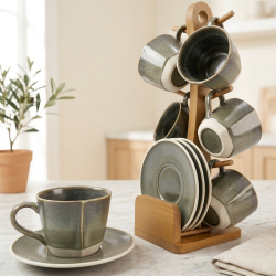 Tea Cup and Saucer Set 6 Pcs With Wooden Stand